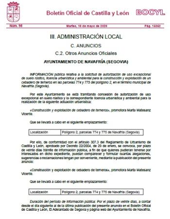 Imagen Autorización de uso excepcional de suelo rústico, licencia urbanística y ambiental para la construcción y explotación de un cebadero de terneros